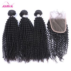 Malásia Kinky Curly Cabelo Humano Virgem Tece com fecho 4 pcs Lot Lace Feches e 3 pacotes Não processados ​​Malaio Kinky Curly Remy Hair