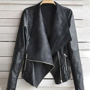 Wholesale- 1PC Fashion Vintage irregular large lapel long-sleeved pu leather jacket Women Biker Motorcycle Leather Oblique Zipper Jacket Co