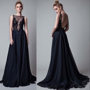2019 Black Lace Appliques Beaded Berta Evening Gowns Sheer Beteau Neckline Backless Sweep Train Afton Dresses