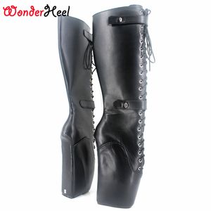 Wonderheel neue Ballett Stiefel Kniehohe Laceup 18cm Ferse mit seltsame Ferse matt Leder Mode sexy Fetisch Verriegelung Vorhängeschlösser Stiefel