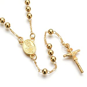 Collana con pendente a forma di croce di Gesù con rosario di alta qualità Collana con ciondolo lungo a catena con perline di gioielli cristiani placcati in oro