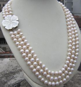 3 Row 9-10mm Natural Akoya South Sea White Pearl Necklace 17-19 '' lås