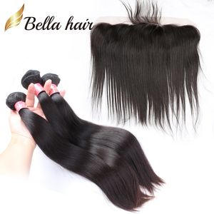 Brazilian Virgin Human Hair Bundles with Lace Frontals 13X4 Straight Hair Weft Extensions 3pcs Add 1pc Ear to Ears Frontal Closure BellaHair