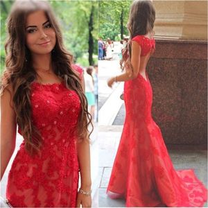 Red Prom Dress Open Back Mermaid Suknie Wieczorowe Koronkowe Aplikacje Tanie Długie Party Suknie