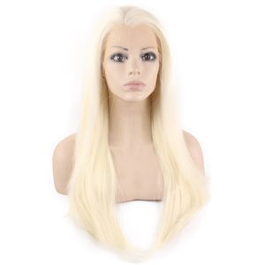24" Long Platinum Blonde Straight Wig 150% Density Heat Resistant Synthetic Hair Lace Front Fashion Wig