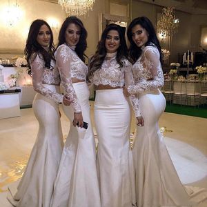 White 2017 Two Pieces Long Bridesmaid Dresses With Lace Applique High Neck Long Sleeves Prom Dresses Back Zipper Mermaid Formal Party Gowns