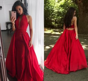Sexy Red Halter Satin Evening Dresses Plunging Neckline Ruched Over Skirt Backless Prom Dresses Formal Evening Gowns