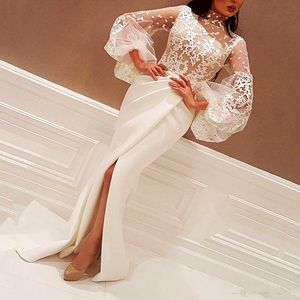 African High Collar Long Sleeve Prom Dresses Lace Appliques poet Mermaid Evening Dresses Side Splits Illusion Vestidos Party Cocktail Gowns
