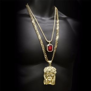 Hip Hop dourado coroado jesus cabeça pingente conjuntos de jóias quadrados gem cristal duplos pingentes colares conjunto de cadeia cubana