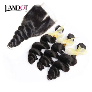 3 Bundles Indian Loose Wave Virgin Human Hair Weaves With Closure Unprocessed Indian Loose Deep Curly Hair And Lace Closure Free/Middle Part