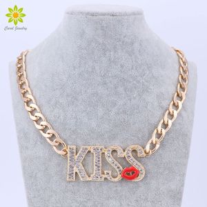 Fashionable KISS Letters Pendant Necklace Girl's Sexy Summer Jewelry Red Lips Design Gold Color Chain Necklace