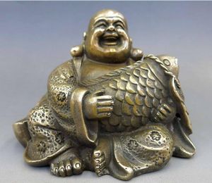 Chiński mosiądz miedzi buddyzm Fengshui Fish Money Wealth Maitreya Buddha Statua