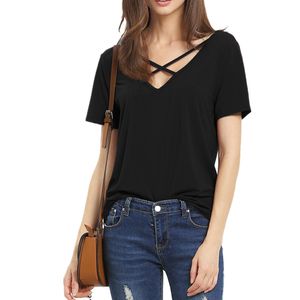 Wholesale- Women T Shirt 2017 Summer Fashion Bandage Sexy V Neck Criss Cross Top Casual Lady Female T-shirt Plus Size Lady Tees T Shirt