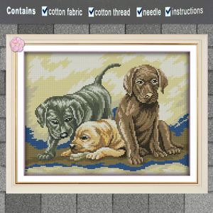 Three puppies hunting pet decor painting Handmade Cross Stitch Craft Tools Embroidery Needlework sets counted print on canvas DMC 14CT /11CT