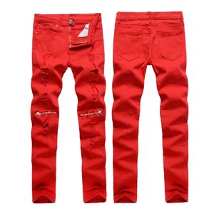 Wholesale- Men Hole Jeans Special Red Biker Fashion Zipper Design Pencil Pants Ripped Denim Jeans Night Club Casual Slim Skinny