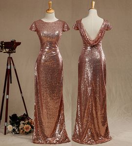 Real Pictures Rose Gold Sequined Bridesmaid Dress Cap Sleeves Luxury Sequined Evening Dress Scoop Neck Metallic Sparkle Prom Dress Cowl