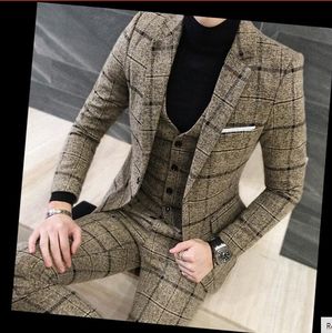 3 Parça Takım Elbise Erkekler İngiliz Son Ceket Pantolon Tasarımları Kraliyet Mavi Erkek Takım Elbise Sonbahar Kış Kalın Slim Fit Ekose Gelinlik Smokin