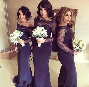 Dark Navy Blue Off Ramię Koronki Z Długim Rękawem Suknie Druhna na ślub Syrenka Długość Floor Długość Maid of Honor Suknie Formalne Suknie