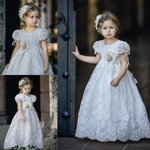 Full Lace Flower Girls Dresses Juliet Sleeve Communion Dress Jewel Neck Floor Length A Line Princess Gowns