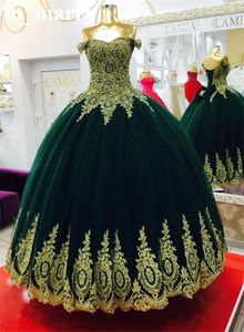 Emerald Green Ball Gown Prom Dresses Off Shoulder Gold Lace Appliques Saia de Tulle Plus Size Arabic African Formal Evening Party Gowns