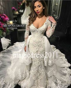 Glamorous Mermaid Lace Wedding Dresses with Detachable Skirts Deep V-Neck Illusion Long Sleeve Ruffled Cort train Modern Bridal Gowns