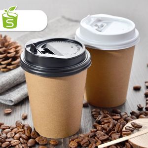 100 sztuk Jednorazowy 12-OZ Gorące napoje Kubki z czarnymi pokrywkami Profint Perfect for Cafes Eco Friendly Insulated Paper Cup Darmowa Wysyłka (7)