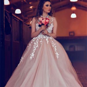 Vatten blush rosa formell fest klänning ren scoop vit spets applique pärlor backless tulle prom klänningar sexiga eleganta speciella kvällsklänningar