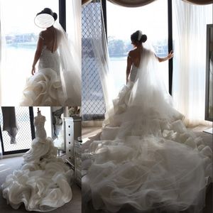 Gorgeous 2 Meters Cascading Ruffled Long Train Wedding Dress Sheer Scoop Applique Pearl Backless Mermaid Wedding Gowns Stunning Bridal Dress