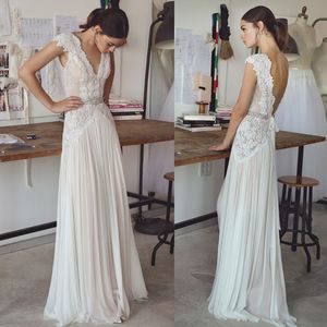 Hod Country Lihi Backless Dresses V Neck Lace Applique Beads Bridal Gowns Short Sleeve Beach Chiffon Wedding Dress