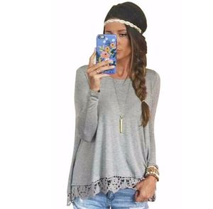 Gamiss Fashion Autumn Tops Solid Color Casual Stitching Lace Grey Long-Sleeved Irregular Hem T-shirt Free Shipment