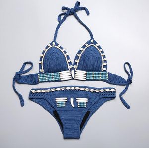 New Bohemian Women's Halter Weave Crochet Swimsuit Tankinis Bikini Set Shells Beaded Knitted Bikinis Beach Wear Swimwear Bathing Suit C2951