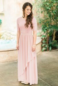 Blushing Pink Lace Chiffon Long Modest Bridesmaid Dresses With Half Sleeves Country Wedding Bridesmaids Dresses Boho Sleeved Custom Made