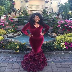 African Burgundy Long Sleeves Evening Gowns Deep V Neck Ruffles Plus Size Prom Dress Floor Length Mother Of The Bride Dress