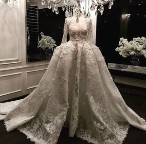 Murad Beads Zuhair Abiti Manica lunga D Applicazioni floreali Abiti da sposa in pizzo Scollatura profonda Abito da ballo Abito da sposa ress