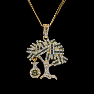 Хип-хоп Золотой Серебро США Денежное дерево Кулон Bling Горный Хрусталь Кристалл Ожерелье Цепочка для мужчин