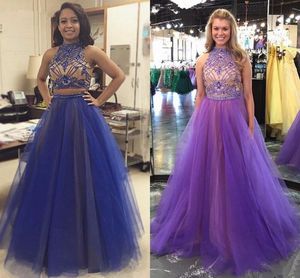 Purple Two Piece High Neck Prom Dresses With Beaded Stones Crystal Open Back Long Evening Dress Gown Formal Occasion Vestidos De Festa Tulle