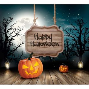 Happy Halloween Photography Backdrops Moon Stars Night Sky Trees Children Party Photo Background Wood Planks Floor Studio Portrait Props