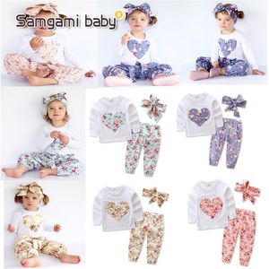 Baby INS heart-shaped flower outfits Kids Casual long sleeve T-shirts+pants+Bow headband 3pcs/sets Floral pajamas Clothing Sets