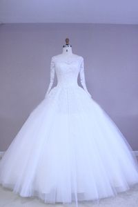 Weißes Elfenbein-Hochzeitskleid in Übergröße, Illusion, langärmelig, transparenter Ausschnitt, Perlen-Spitze-Applikation, muslimisches Vestido De Noiva, Ballkleid, echtes Foto