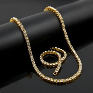 Hip Hop 1 Linha Tênis Brilhante Colar Corrente Pulseira Conjunto Masculino Senhora Ouro Prata Preto Simulado Diamante Jóias