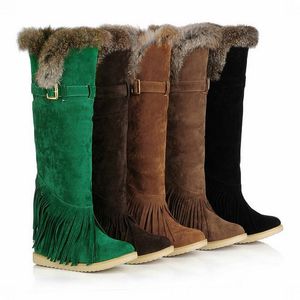 ファッション女性の冬の靴の上の膝のブーツのタッセルスエードフラットロングシューズウサギの毛皮EUサイズ：34-39