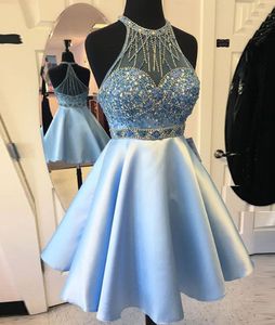 Wholesale sky blue homecoming dresses resale online - 2017 New Light Sky Blue Crew Neck Sleeveless Homecoming Dresses With Beading Custom Made Short Mini A Line Girls Cocktail Party Gowns