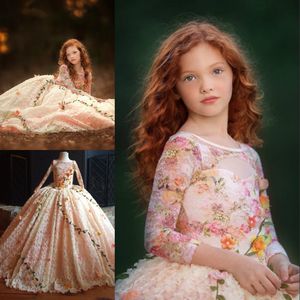 Limited Edition Flower Girl Dresses Floral Applique Lace Ball Gown Jewel Neck Long Sleeves Puffy Birthday Dress Gorgeous Girls Pageant Dress