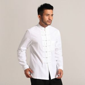 White Men Cotton Linen Long Sleeve Kung Fu Shirt Classic Chinese Style Tang Clothing Size S M L XL XXL XXXL Hombre Camisa