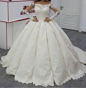 Vintage Satin Ball Gown Wedding Dresses Illusion Long Sleeve White Dress Boat Neck Puffy Ivory Appliques See Through Bridal Gown