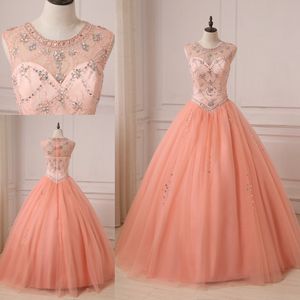 Fashion Coral Vestidos De Quinceanera Dress Masquerade Ball Gowns Sheer Neck Hollow Back Rhinestone Crystal Tulle Prom Sweet 16 Dresses