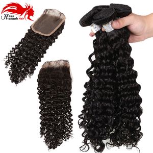 3 Bundles Onda Profonda Tessuto Dei Capelli Umani Con Chiusura 7A Onda Del Corpo Peruviana Con Chiusura Capelli Umani Economici Non Trattati Con Chiusura