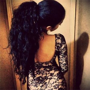Очаровательные женщины черный вьющиеся хвост Прическа , цвет 1b бразильский реальные волосы вьющиеся волосы шнурок человеческих волос пони хвосты