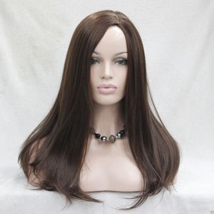 Heat resistant hair coffee brown no bangs long straight side skin part top wig