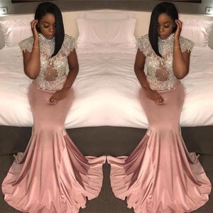 Evening Pink Fancy Dirty Jewel Short Capped Sleeves with Applique Beaded Mermaid Style Prom Gowns Back Zipper Formal Dresses 2017